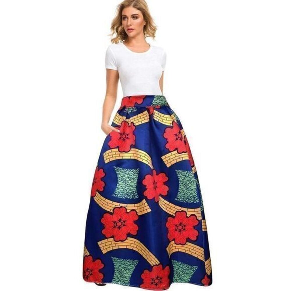 AFRICAN PRINTED Maxi Flared A-Line Skirt Pockets